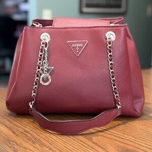 GUESS Girlfriend Satchel Burgundy Faux Leather Chain Strap Shoulder Bag